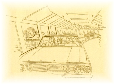 Line drawing:  On the Magic Skyway ride