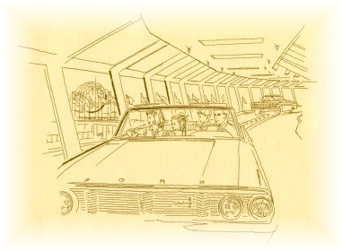 Line drawing:  On the Magic Skyway ride