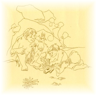 Line drawing: Cavemen discover fire