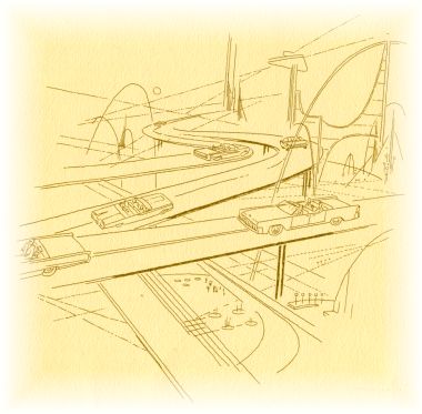 Line drawing:  Space City of Tomorrow