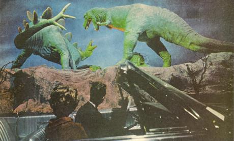 Dinosaurs battle on the Magic Skyway ride